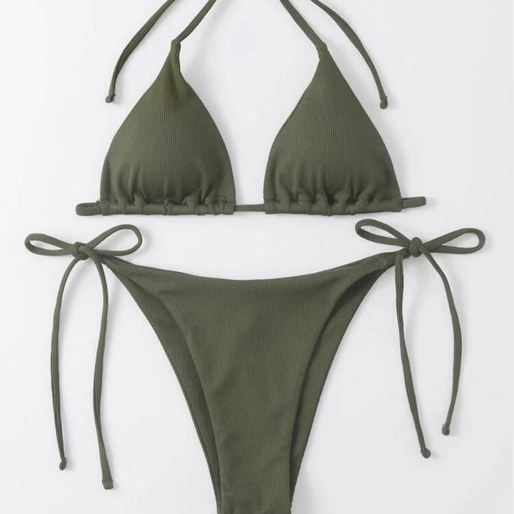Dame Triangel-Bikini-Sæt med Justerbare Bindebånd og Ribbet Design Skovae