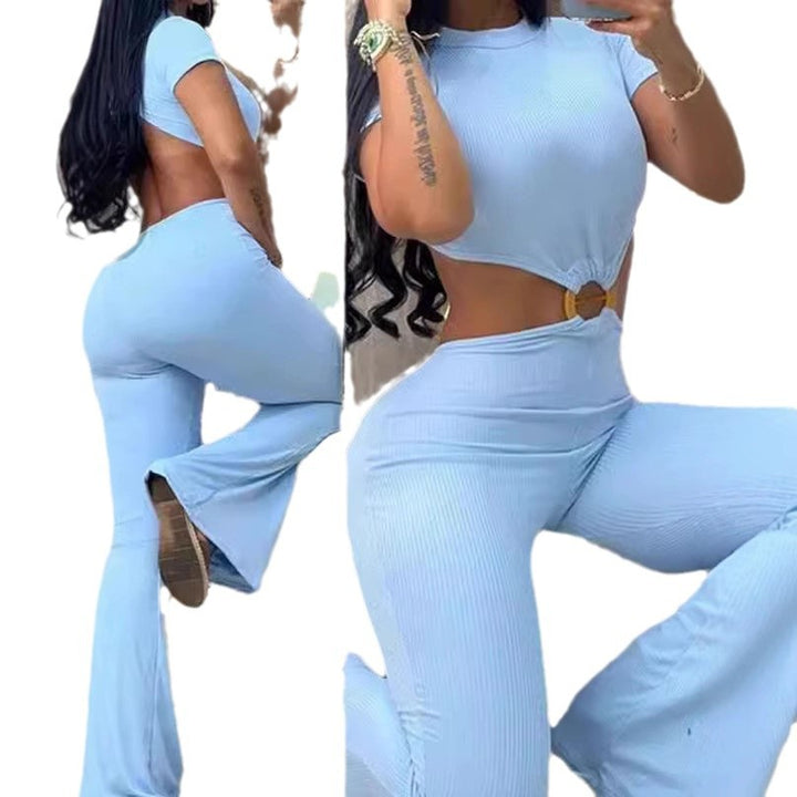 Dame Crop-Top og flared Bukse Sæt med Bælte Stilla