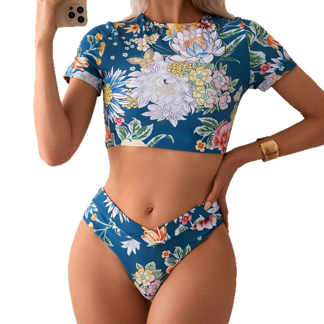 Damer Crop-Top Bade-Sæt med blomsterdesign og høj benudskæring Stilla