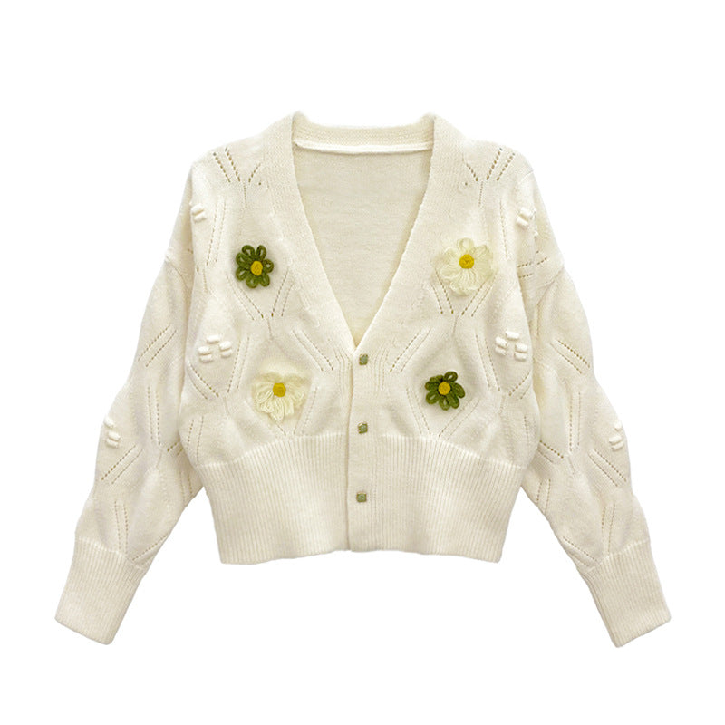 Dame cardigan med blomsterapplikationer og elegant V-hals Stilla
