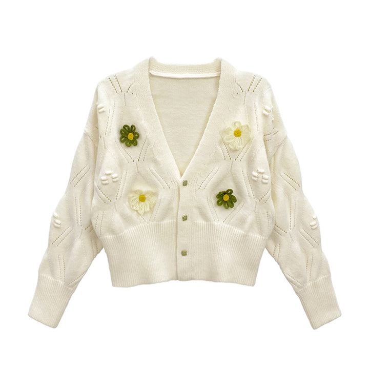 Dame cardigan med blomsterapplikationer og elegant V-hals Stilla