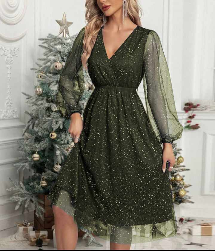 Dame Elegant Midikjole med glitrende overdel og transparente ærmer Stilla