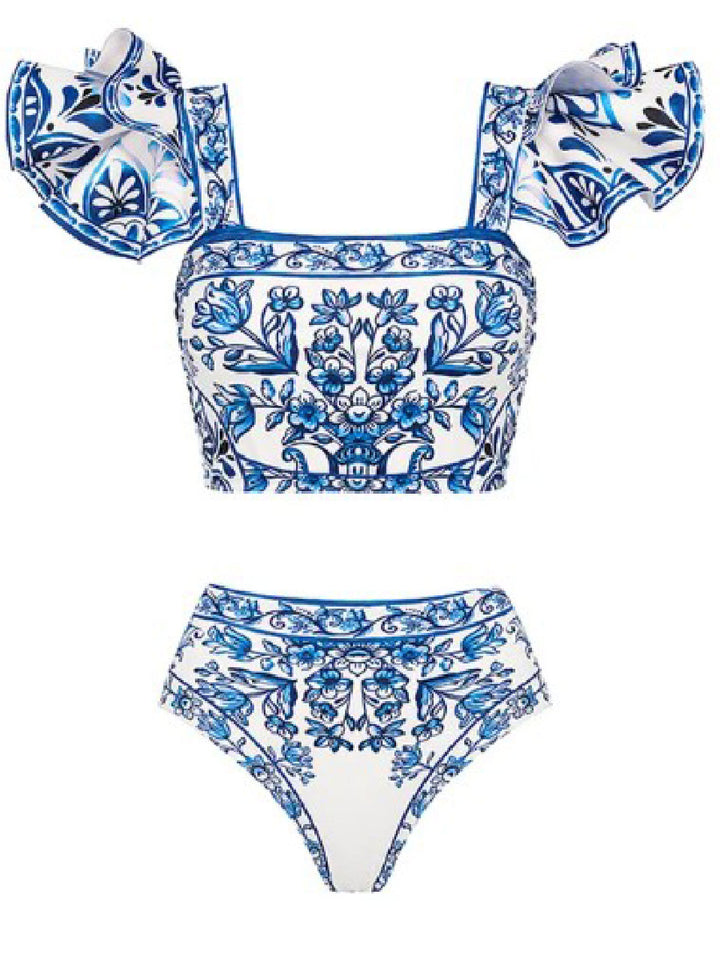 Dame Bikini-sæt med legende flæsedetaljer og blomstertryk Stilla