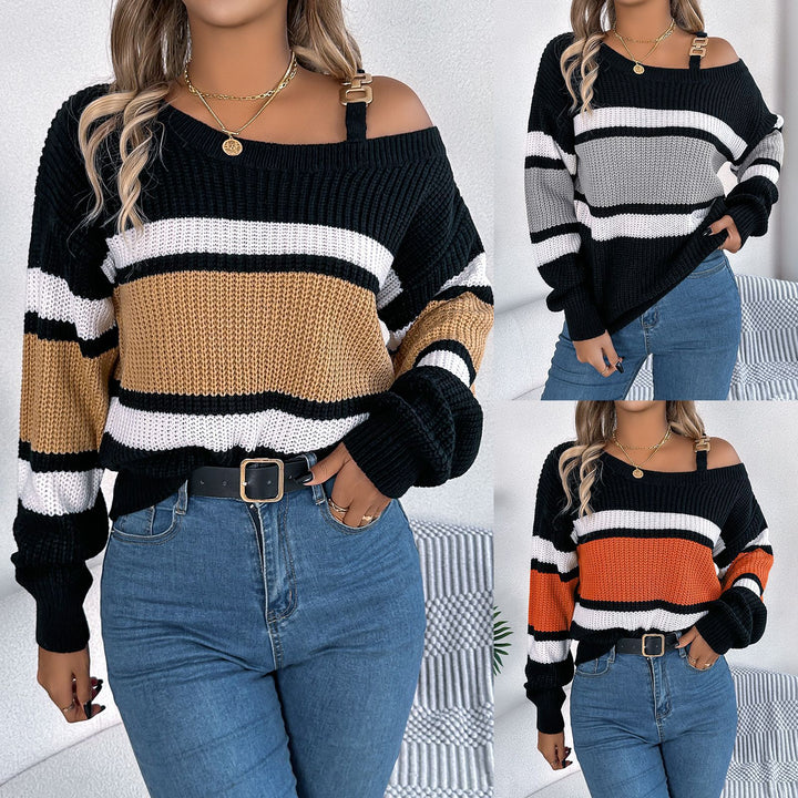 Kvinderne Off-Shoulder Sweater med Stribet Detaljer og Trendy Strop Stilla