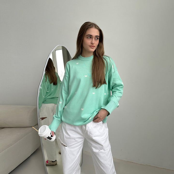 Kvindernes hyggelige oversized sweater med hjerte mønster Stilla