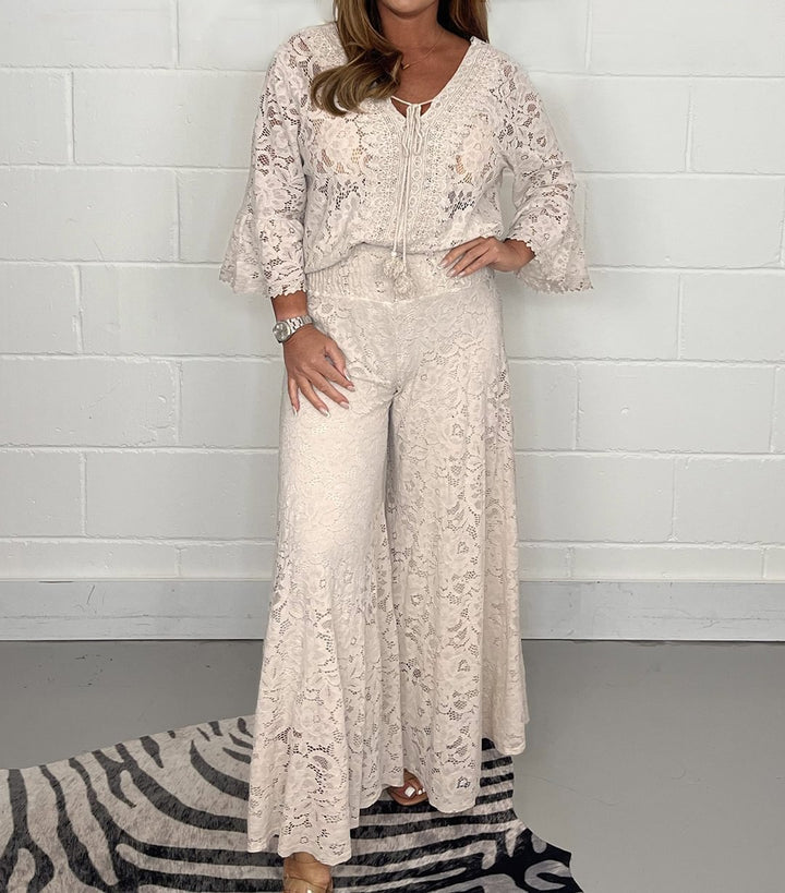 Dame Elegant spidse-outfit med bredt udfoldet bukseben og bindebånd Stilla