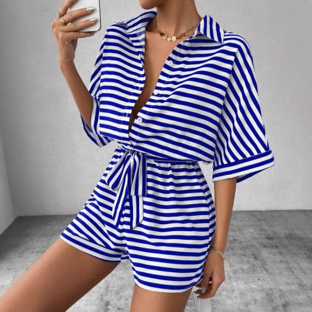 Dame Relaxed Fit Stribet Bindefront Overall Sæt Stilla