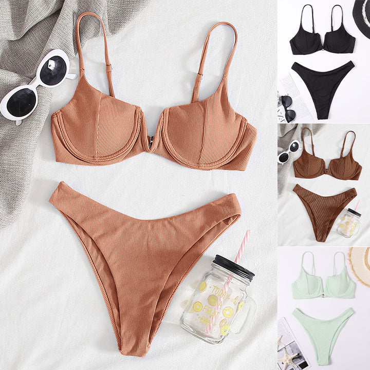 Dame Push-Up Bikini med ribbet tekstur og justerbare stropper Skovae