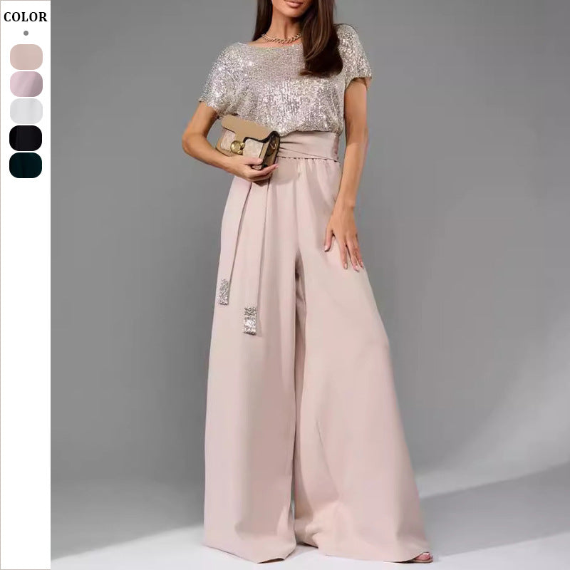 Dame glamourøs stil-outfit med glitrende top og bred pasform Skovae
