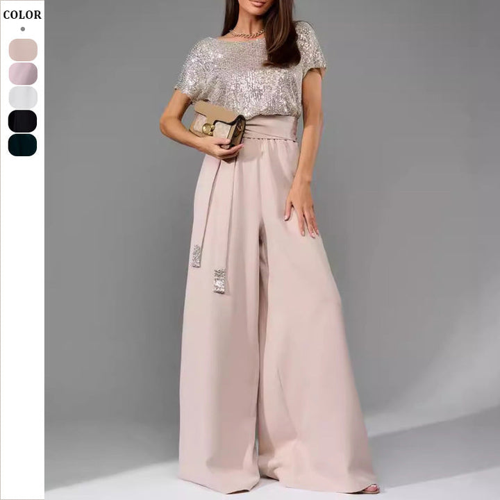 Dame glamourøs stil-outfit med glitrende top og bred pasform Skovae