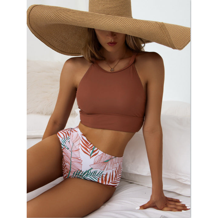 Dame Højtaljeret Bikini-Sæt med raffineret topdesign og unikt bladmønster Stilla
