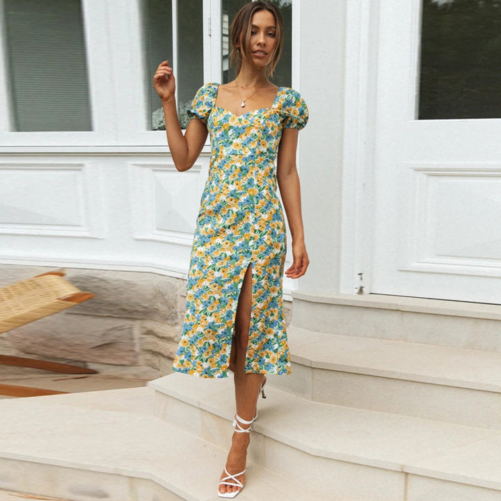 Dame Floral Print Midi Kjole med Sideslids Stilla