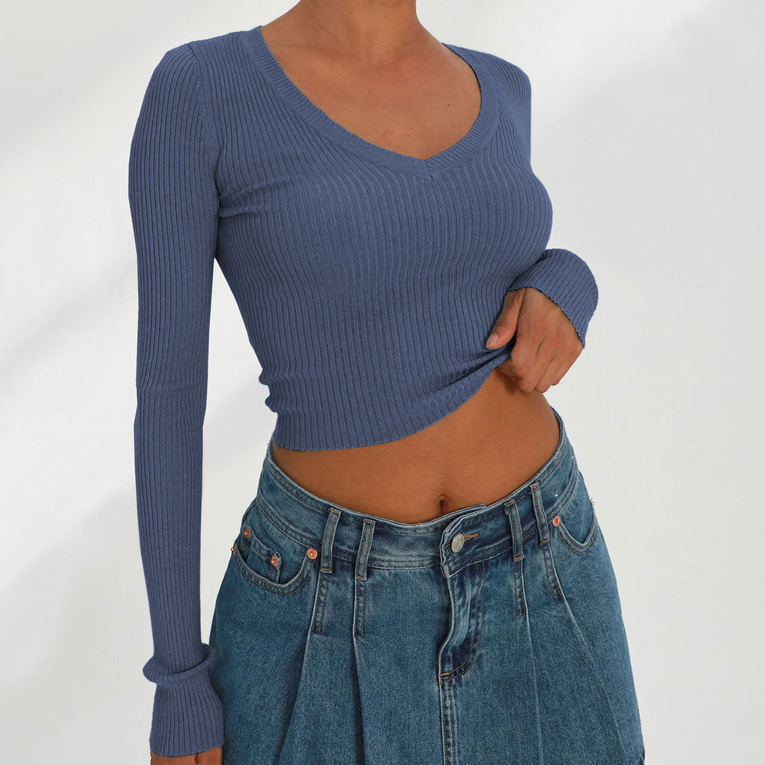 Dame figurtilpasset rib-crop-top med V-udskæring og lange ærmer Stilla