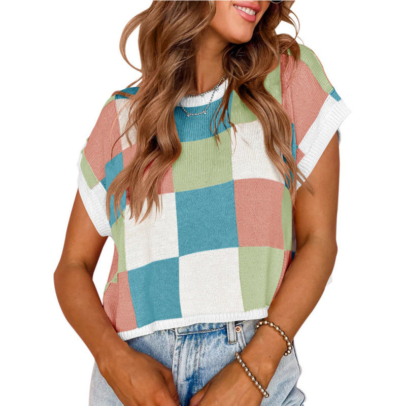 Dame cropped top med moderne ternet mønster og afslappet snit Stilla