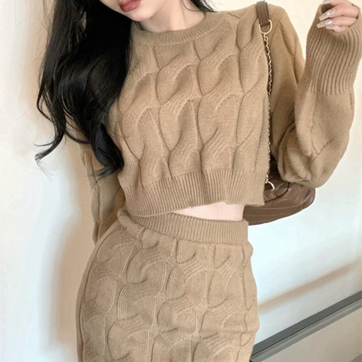 Femme Textured Knit Crop Sweater og Mini Skirt Sæt Stilla