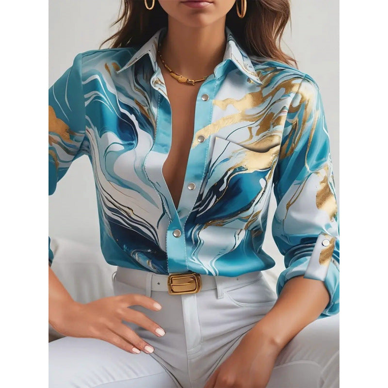 Damer Elegant Satinbluse med maritimt mønster Stilla
