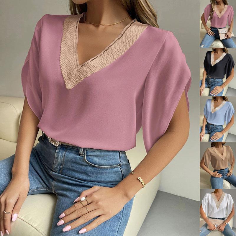 Dame V-hals bluse med elegant spidskant Stilla
