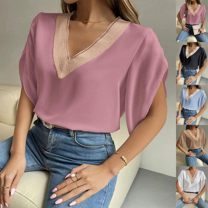 Dame V-hals bluse med elegant spidskant Stilla