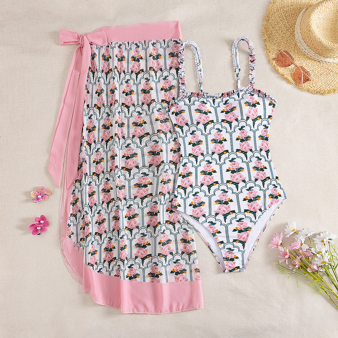 Dame Én-delt badedragt med blomsterdesign og matchende sarong Stilla