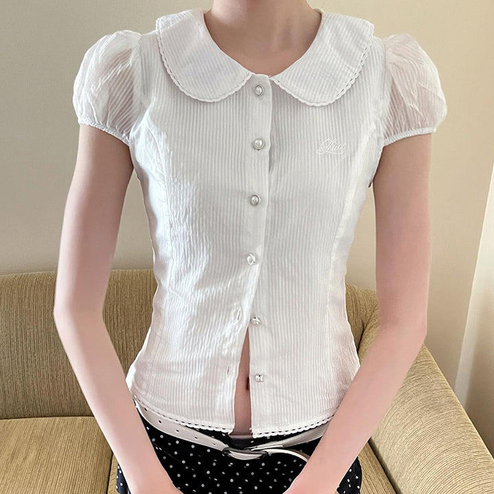 Damen elegante Bluse mit Stehkragen und dekorativen Knopfdetails Skovae
