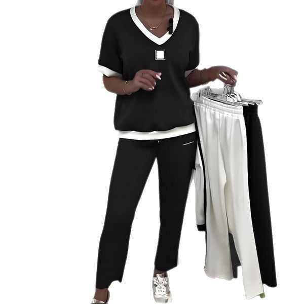 Dame nan to-delt sporty-elegant jersey-sæt med V-udskæring, brede manchetter og sidelæns stribe Skovae