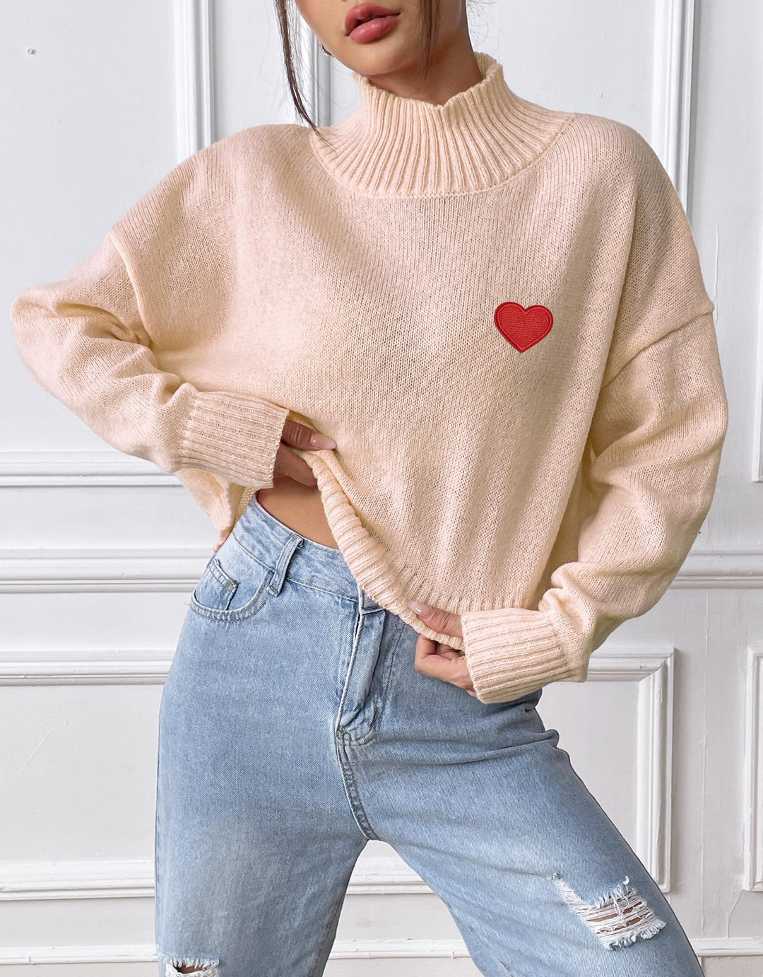 Dame hyggelig turtleneck sweater med hjerteapplikation Stilla