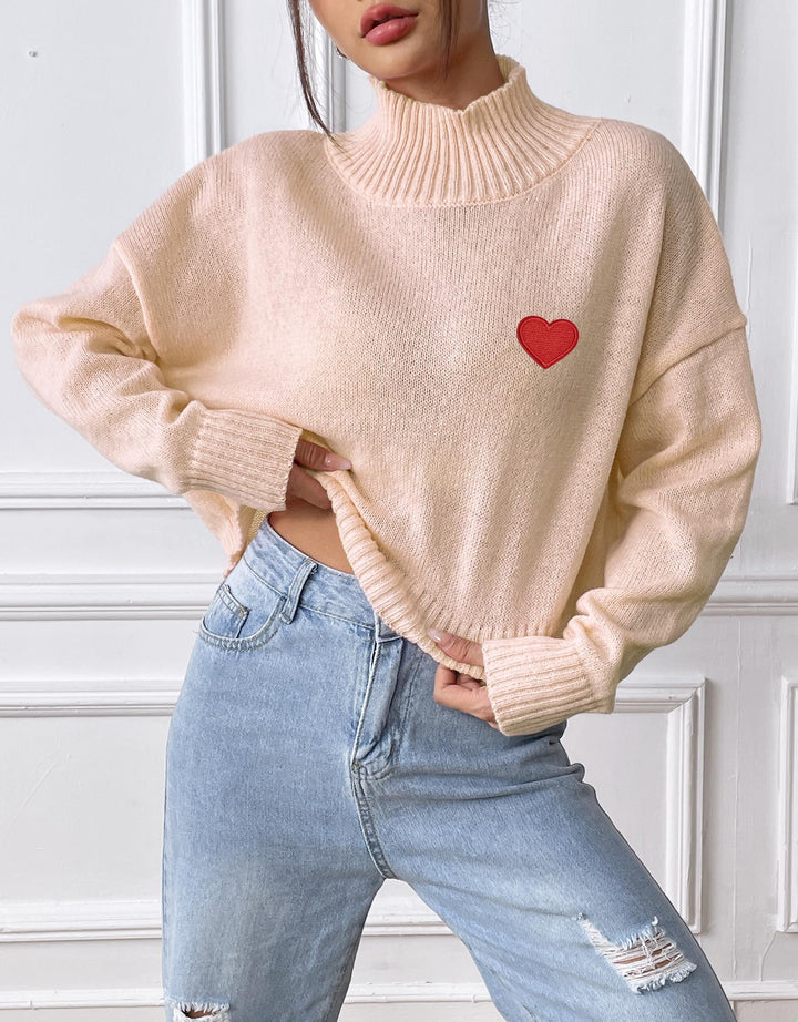Dame hyggelig turtleneck sweater med hjerteapplikation Stilla