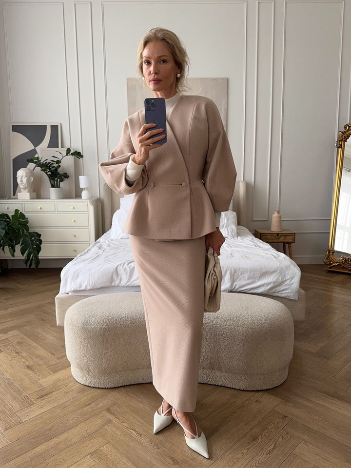 Dame Elegant Blyantkjole med Chic Blazer Top og Puffærmer Skovae