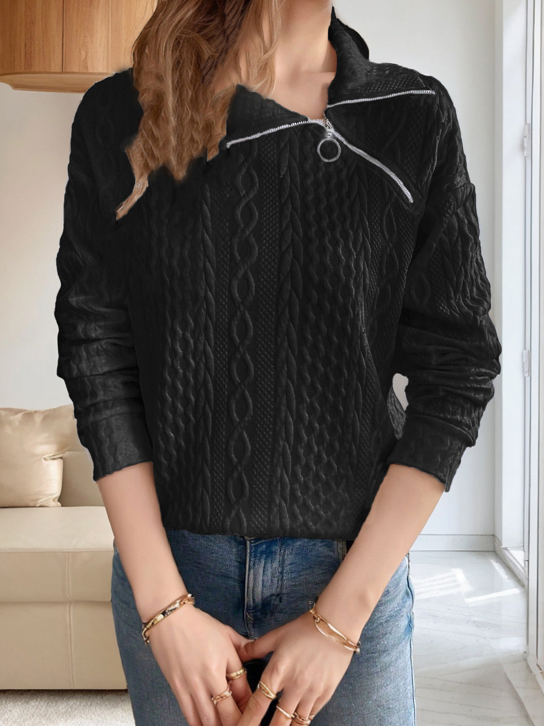 Dame behagelig pullover med lynlås og struktur Stilla