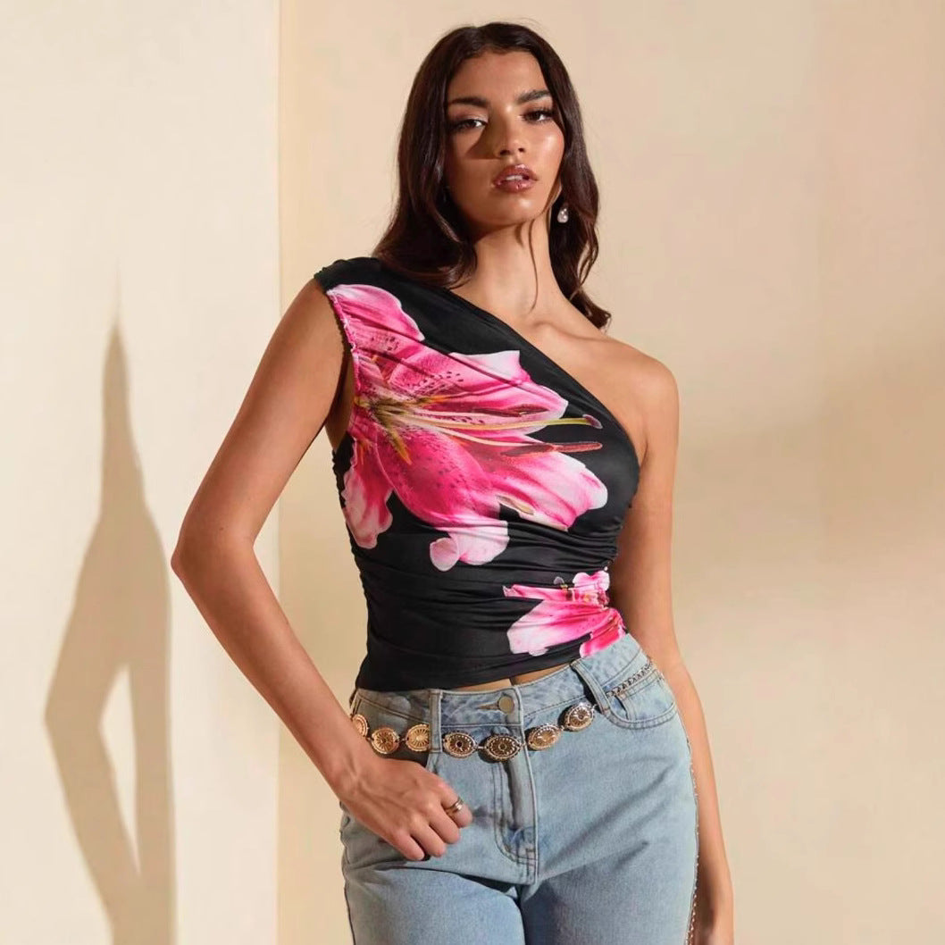 Dame Crop-Top med asymmetrisk udskæring og blomsterakkcenter Skovae