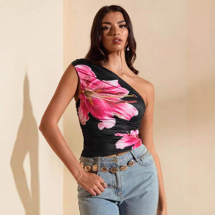 Dame Crop-Top med asymmetrisk udskæring og blomsterakkcenter Skovae
