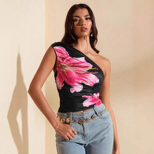 Dame Crop-Top med asymmetrisk udskæring og blomsterakkcenter Skovae