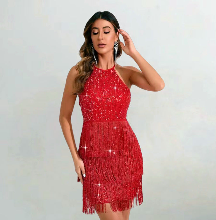 Damer Fringed Mini-Kjole med elegant blondeoverdel og skinnende detaljer Stilla