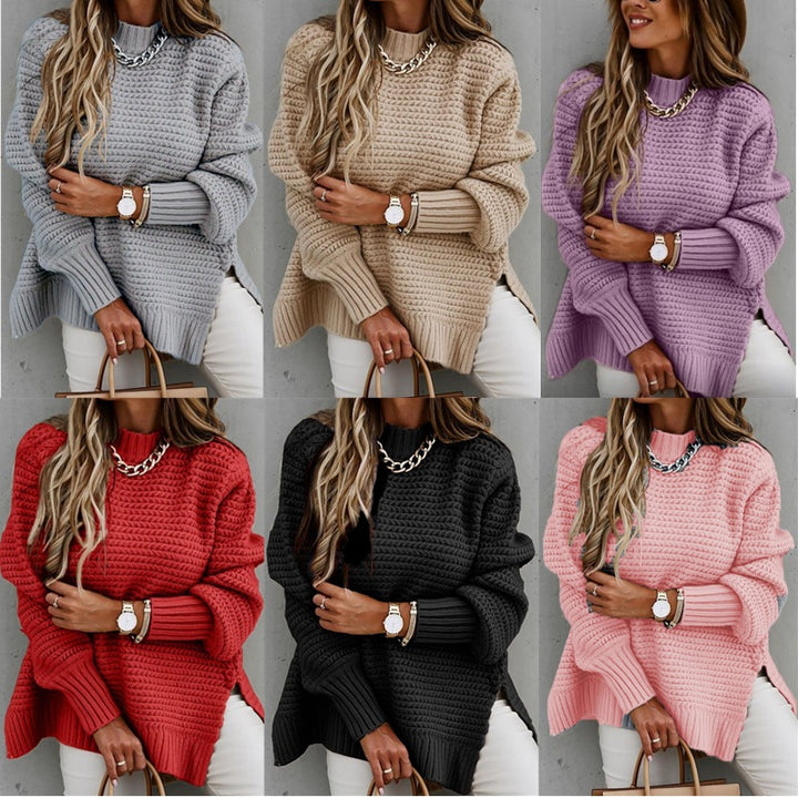 Kvindernes chunky strik sweater med høj hals og sidelunger Stilla