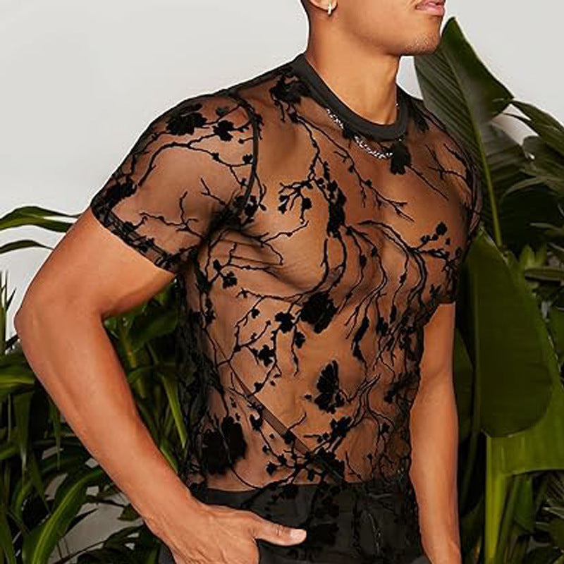 Damer nan transparent net-top med blomster velour broderi og rund halsudskæring Skovae
