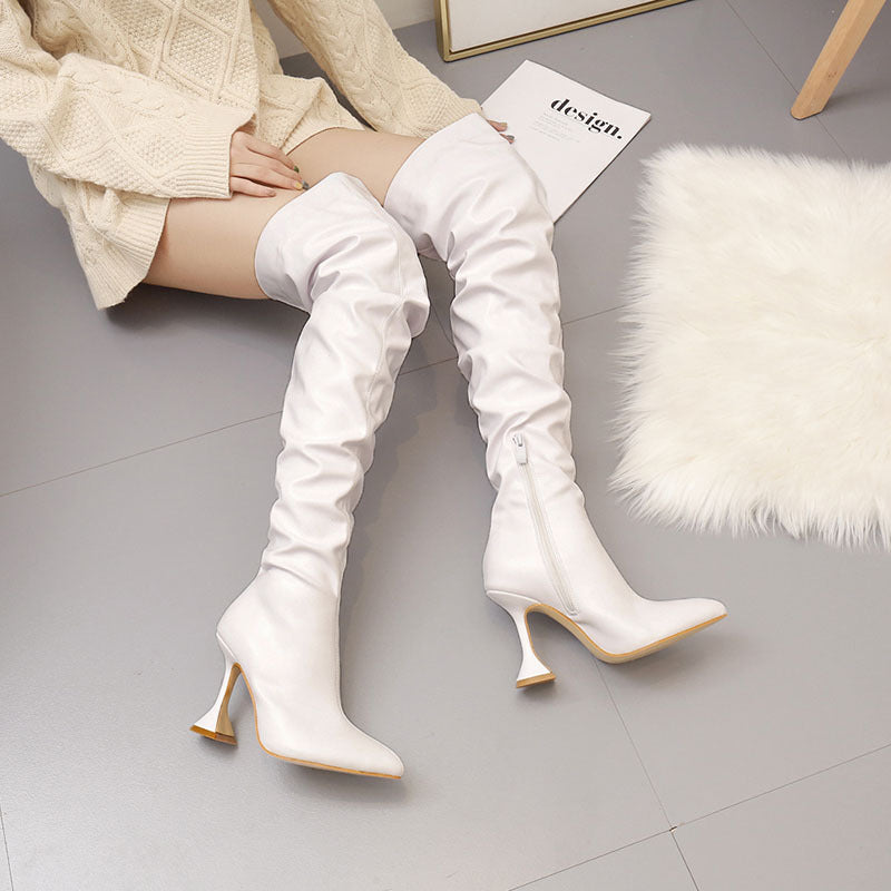Dame overknee-støvler med smagfuld draperingselement og elegant blokhæle Stilla