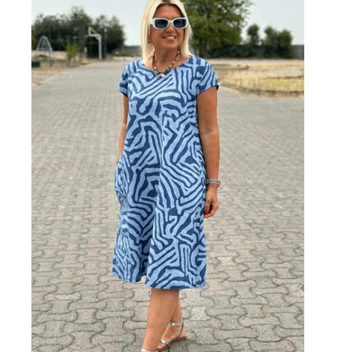 Dame knælang A-linie-midi kjole med struktureret jacquard-look og rund halsudskæring Skovae