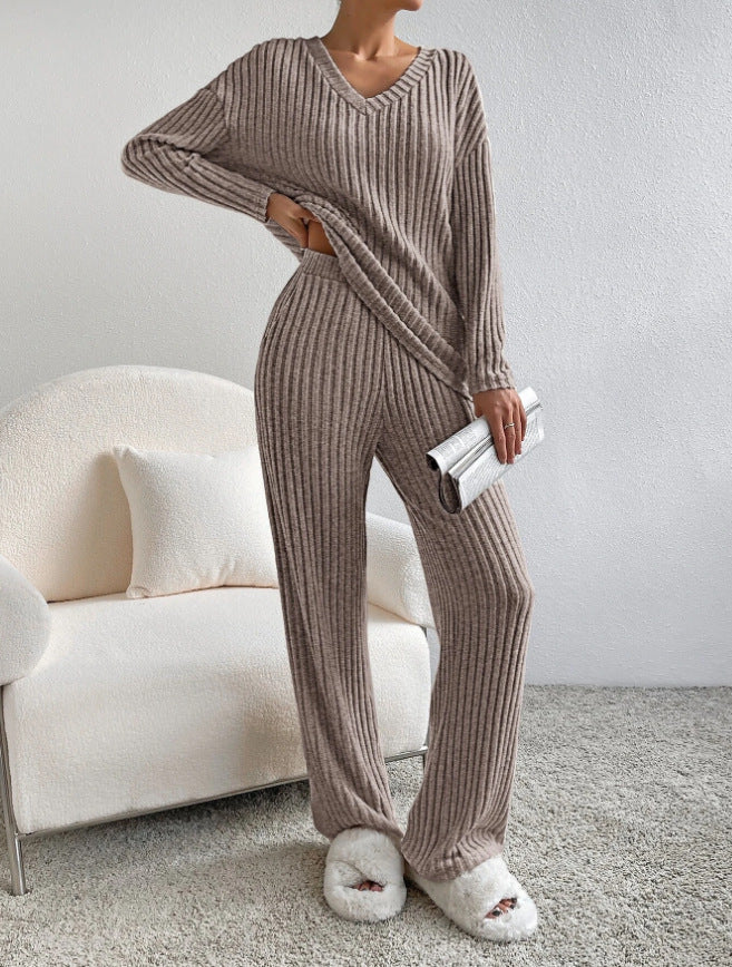 Dame Strik-Loungewear Sæt med Ribstruktur og V-udskæring Stilla
