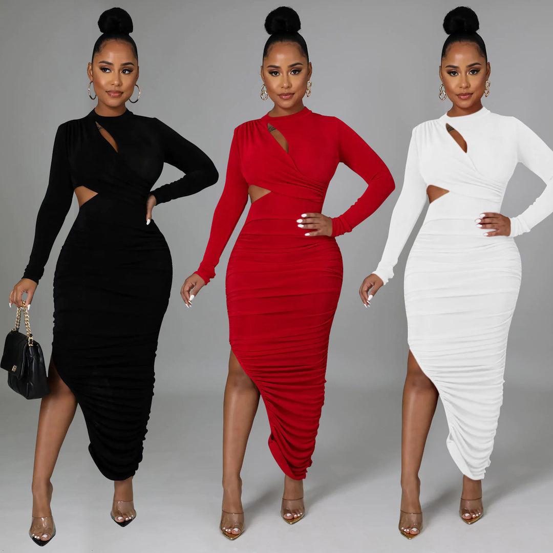 Damer Elegant Cut-Out Midi-Kjole med asymmetrisk kant og lange ærmer Stilla