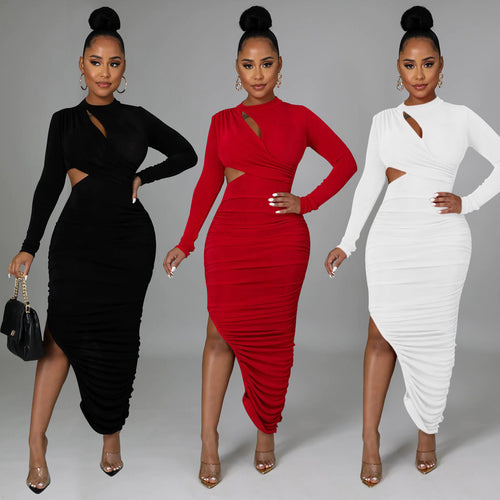 Damer Elegant Cut-Out Midi-Kjole med asymmetrisk kant og lange ærmer Stilla