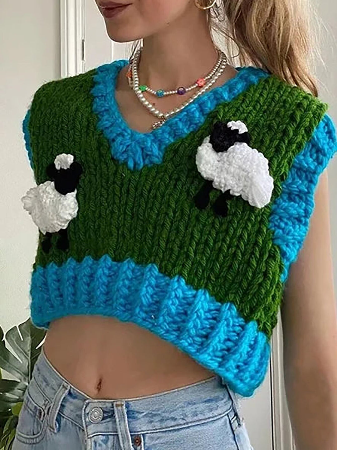 Dame hæklede crop-top med kreative fåremotiver Skovae