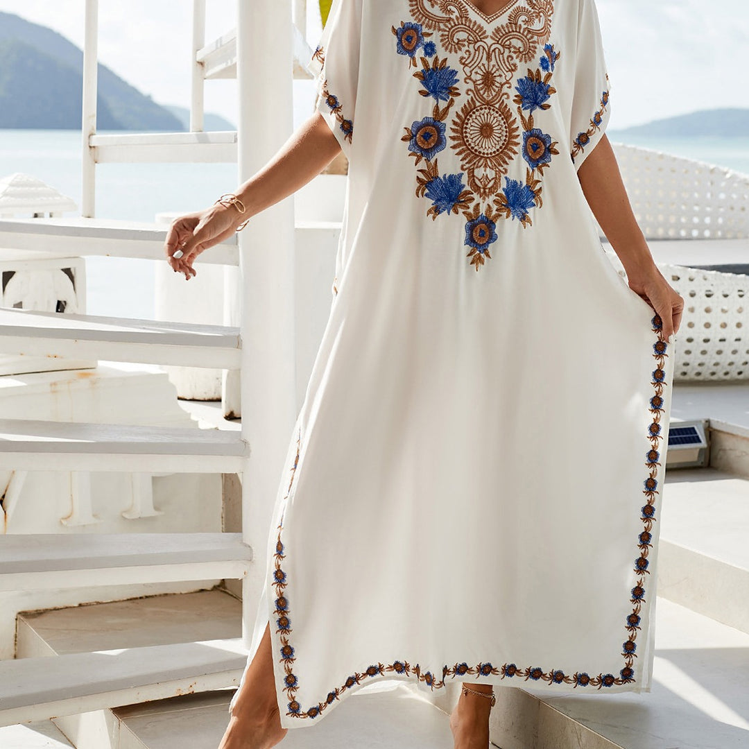 Dame Kaftan med kunstnerisk broderi og flydende snit Stilla