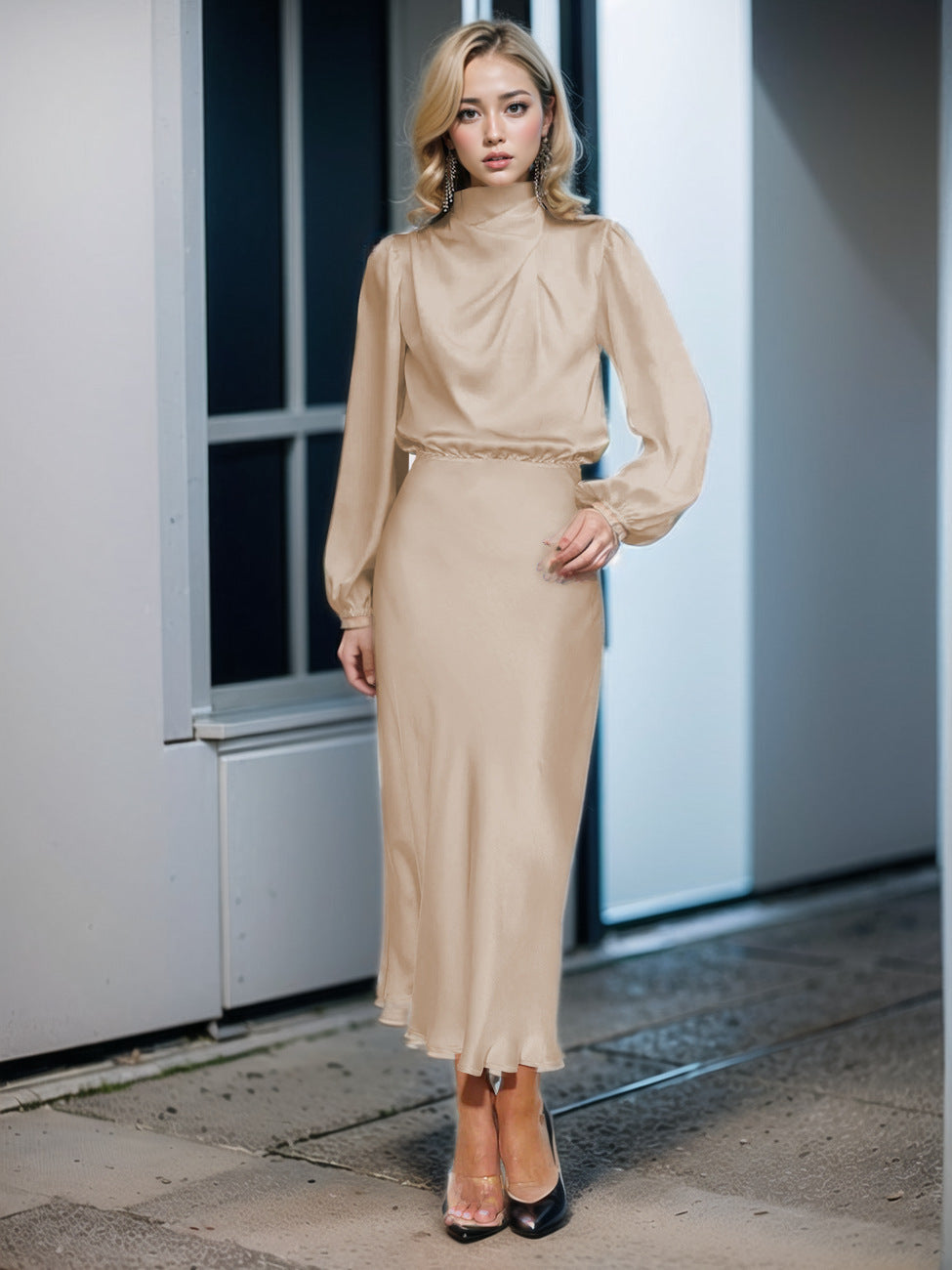 Dame elegant Midi-kjole med stålkrave og puffærmer Stilla
