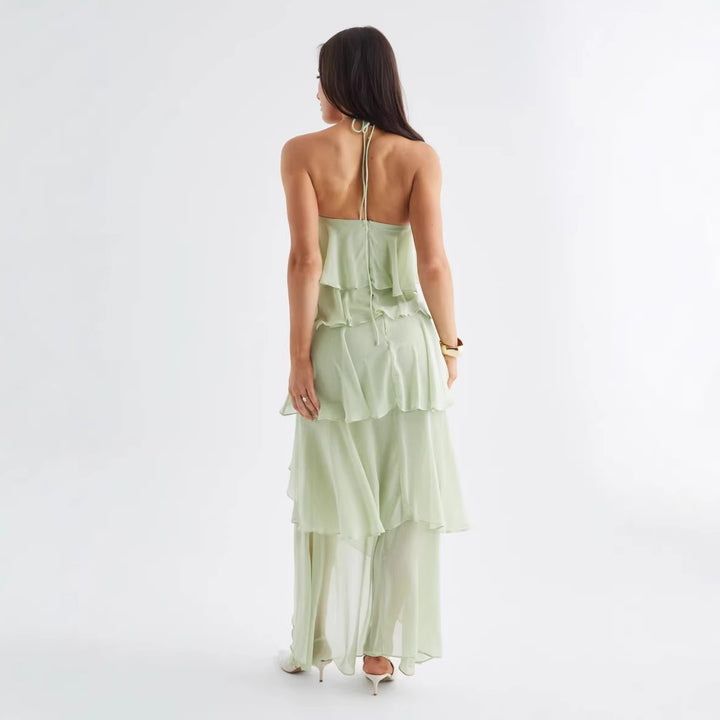 Dame luftige chiffon maxi kjoler med flæser og elegant halterneck Skovae