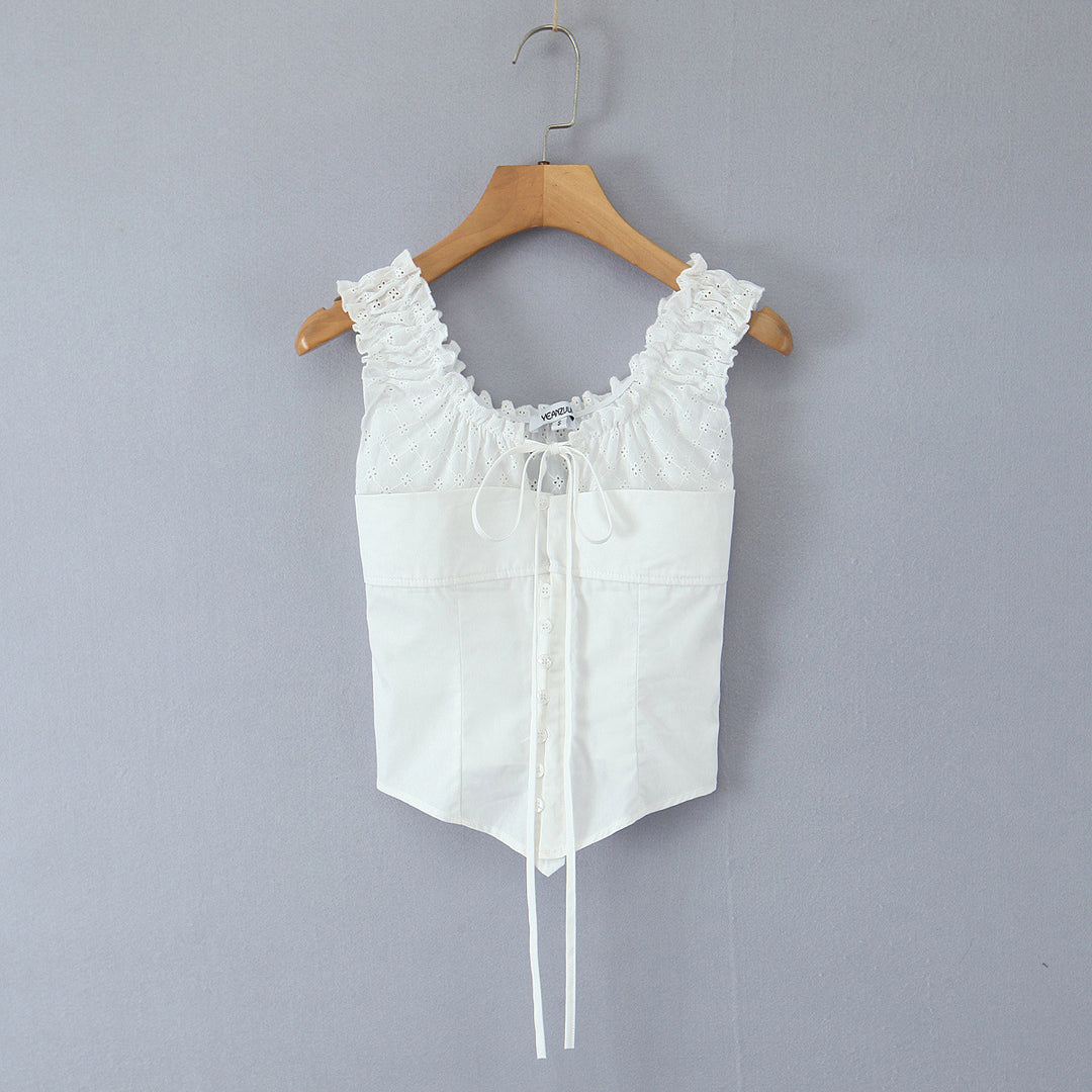 Dame Off-Shoulder Bluse med elastisk flæse og knaplukning Stilla
