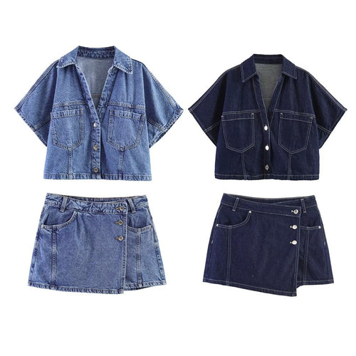 Dame denim mini nederdel i asymmetrisk snit med dekorative knapper Skovae
