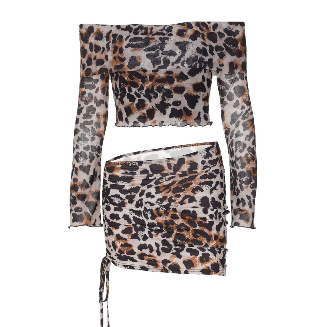 Dame Off-Shoulder Crop-Top og Minirok Set med spændende Dyretryk Stilla