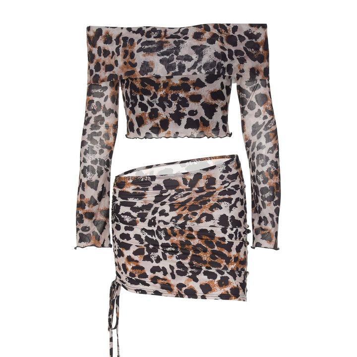 Dame Off-Shoulder Crop-Top og Minirok Set med spændende Dyretryk Stilla
