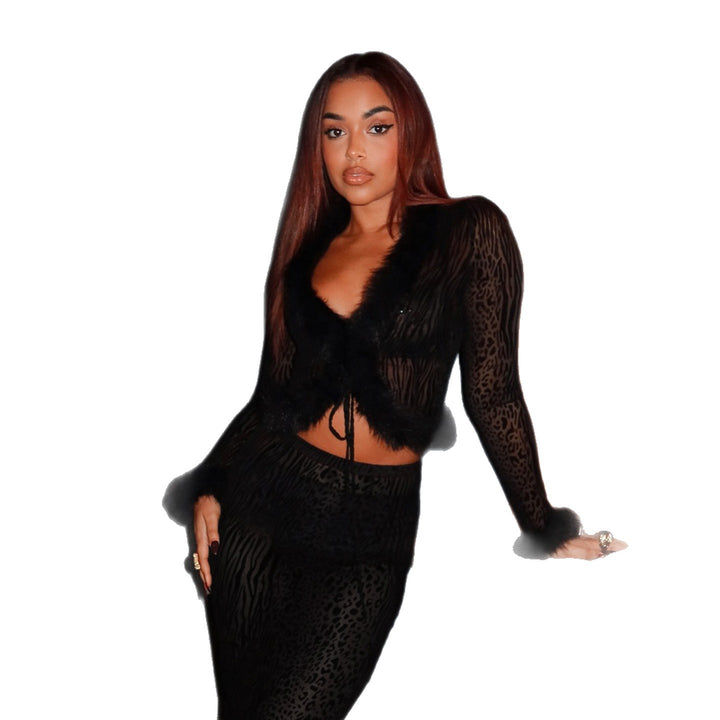 Damen eleganter Rock mit Tiermuster und luxuriösem Fellsaum Skovae