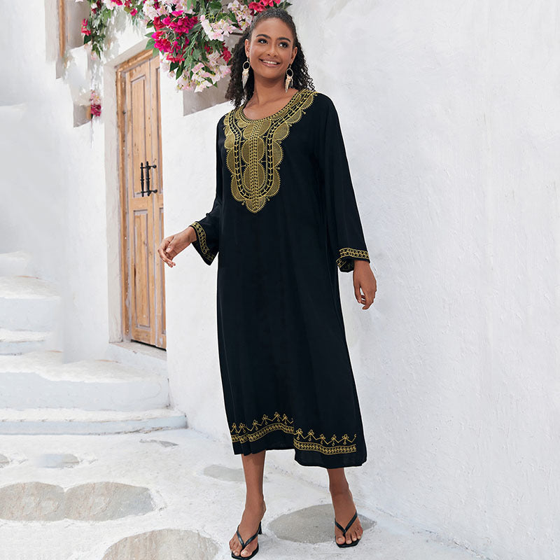 Dame elegant Maxikjole med kunstneriske broderier og sidelommer Stilla